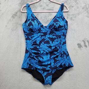 Seekers Essentials Austrailia Swimsuit US 16 Blue Black Floral Ruched One-Piece